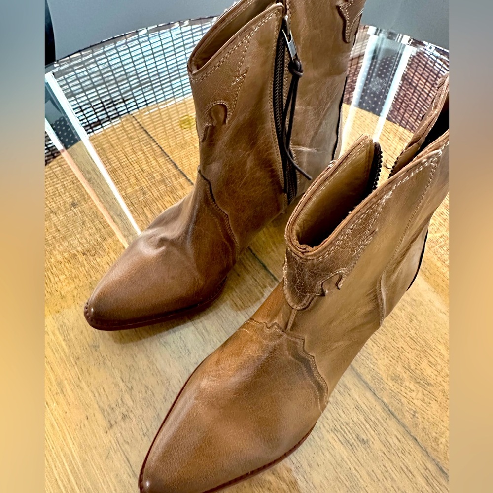Free People Tan Leather Western Zip Booties
